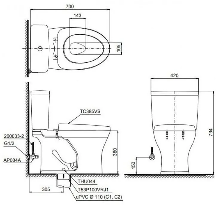 Bản vẽ Bồn cầu 2 khối xả nhấn nắp êm TOTO CS735DT10#XW