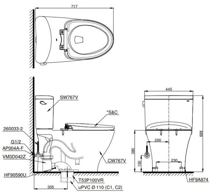 Bản vẽ Bồn cầu 2 khối xả gạt nắp êm TOTO CS767RT10#XW