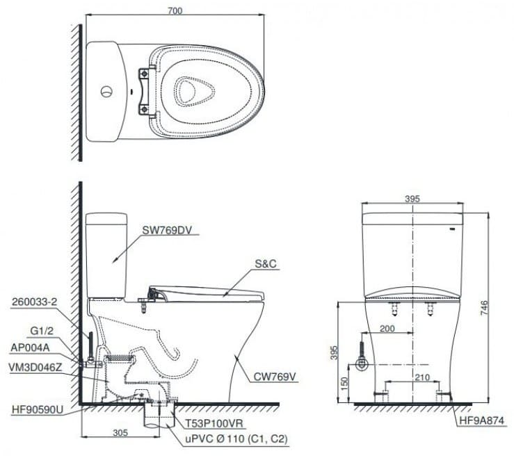 Bản vẽ Bồn cầu 2 khối xả nhấn nắp êm TOTO CS769DRT10#XW