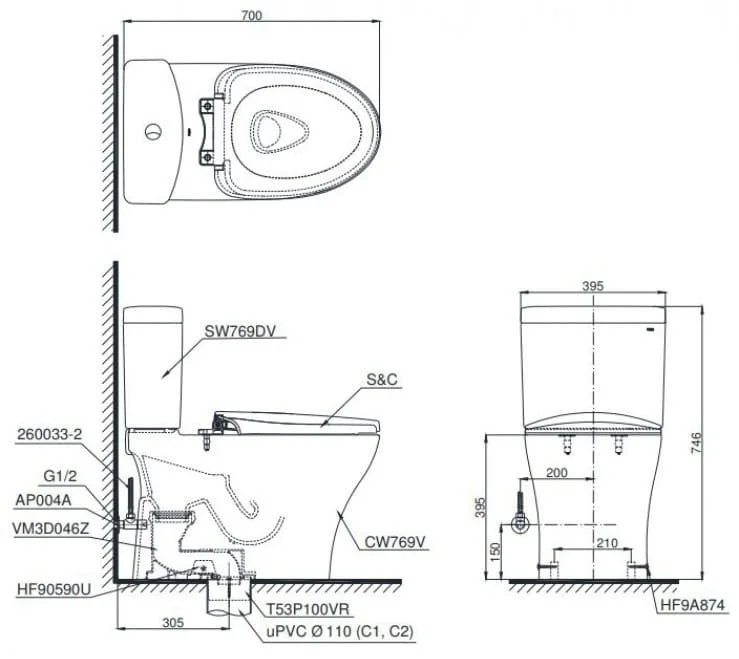 Bản vẽ Bồn cầu 2 khối xả nhấn nắp êm TOTO CS769DRT10#XW