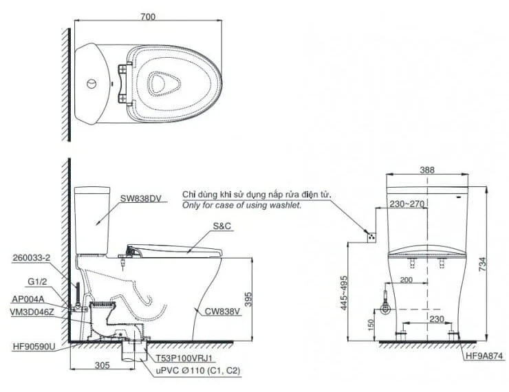 Bản vẽ Bồn cầu 2 khối xả nhấn nắp êm TOTO CS838DT10#XW