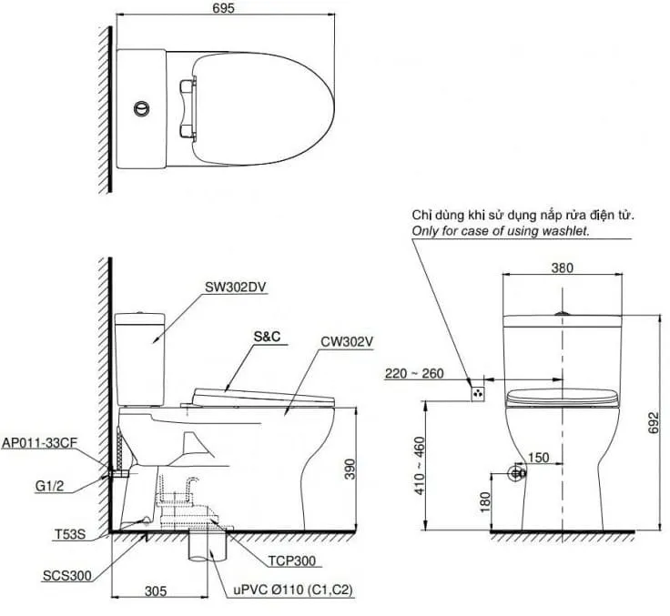 Bồn cầu 2 khối nắp rửa cơ TOTO CS302DE4#XW 