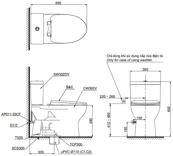 Bản vẽ Bồn cầu 2 khối xả nhấn nắp êm TOTO CS302DT10#W