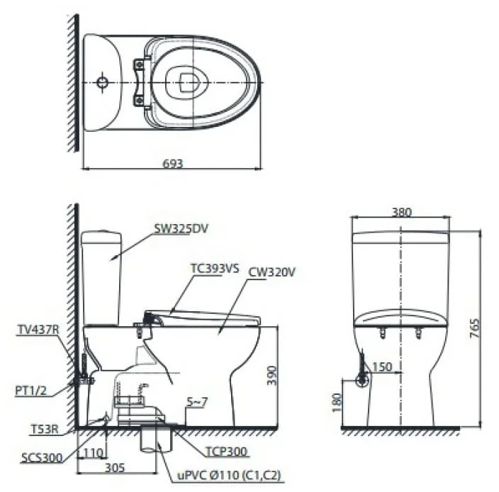 Bản vẽ Bồn cầu 2 khối xả nhấn nắp êm TOTO CS326DT10#XW
