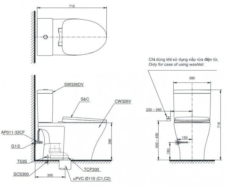 Bản vẽ Bồn cầu 2 khối nắp rửa cơ TOTO CS326DE2#XW