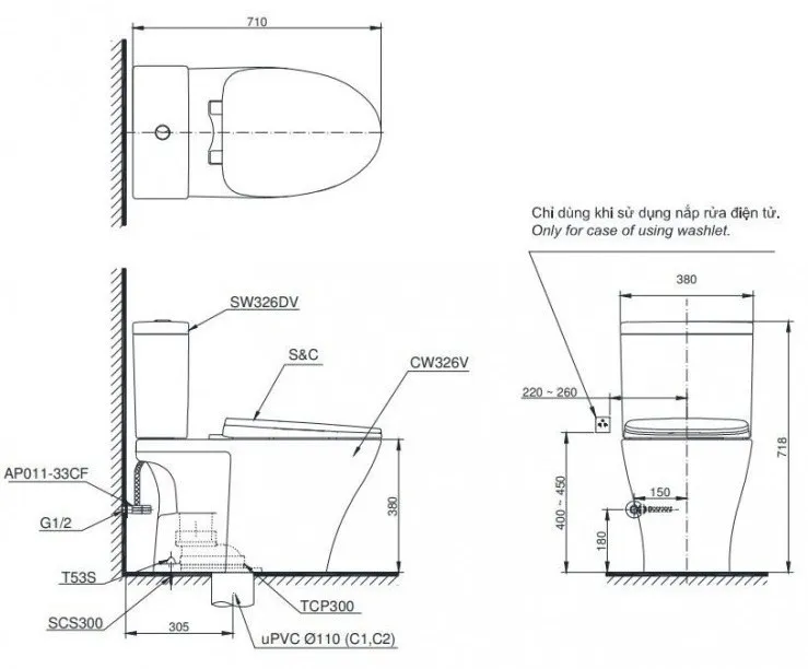 Bản vẽ Bồn cầu 2 khối nắp rửa cơ TOTO CS326DE4#XW