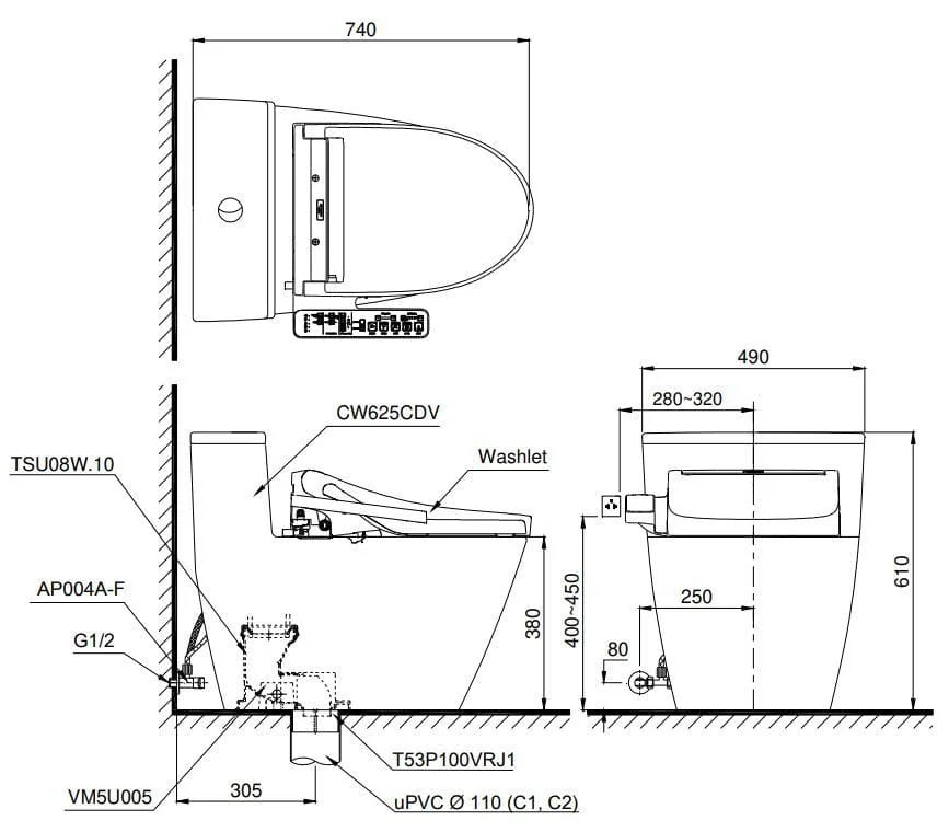 Bản vẽ Bồn cầu 1 khối nắp rửa điện tử TOTO MS625CDW15#XW
