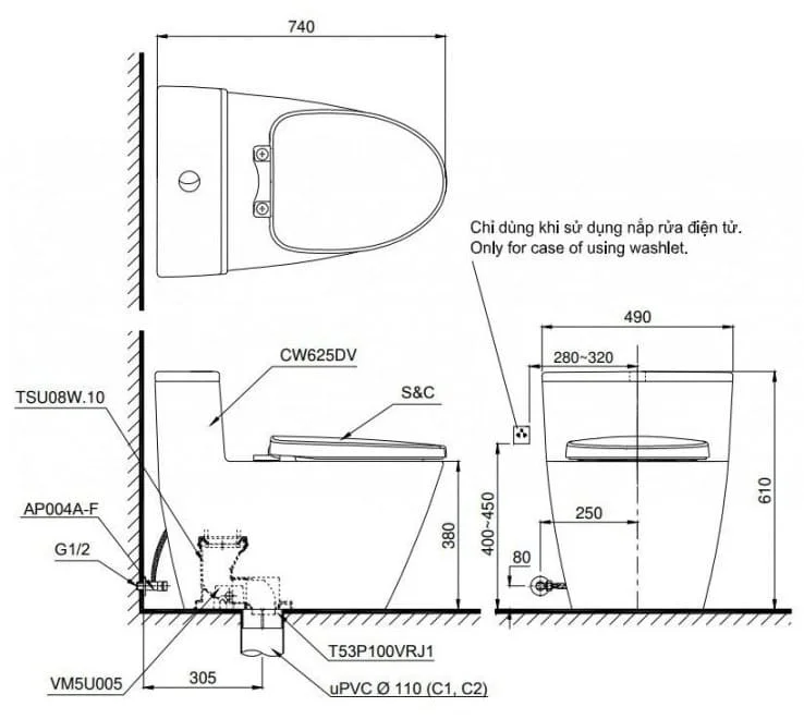 Bản vẽ Bồn cầu 1 khối nắp rửa êm TOTO MS625DE4#XW