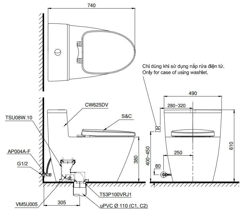 Bản vẽ Bồn cầu 1 khối nắp rửa điện tử TOTO MS625DW11#XW