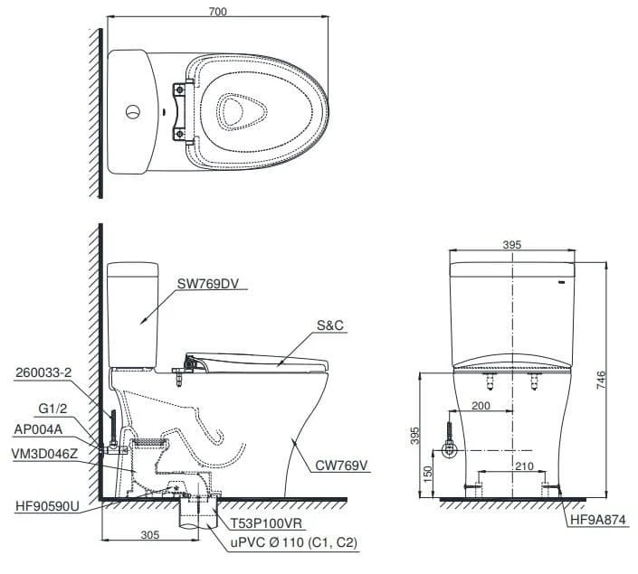 Bản vẽ Bồn cầu 2 khối nắp rửa điện tử TOTO CS769CDRW15