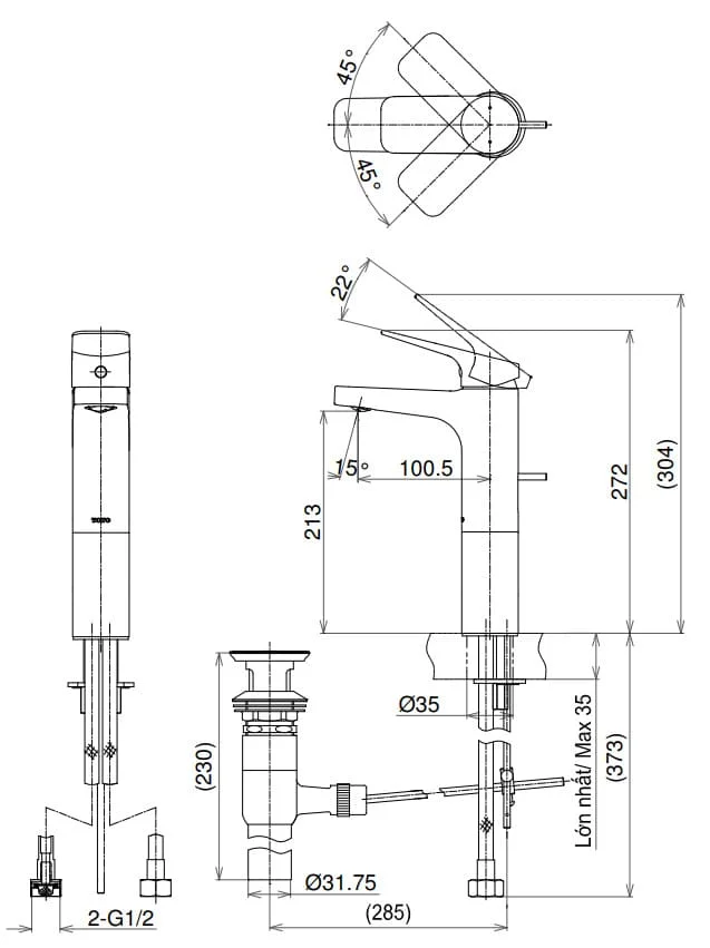 Bản vẽ Vòi chậu lavabo nóng lạnh thân cao TOTO TTLR302FV-1R