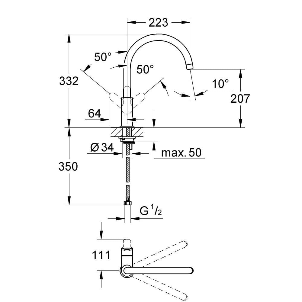 Bản vẽ Vòi Chậu Rửa Bát Nóng Lạnh Đức Grohe 31233001