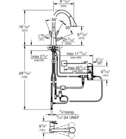 Bản vẽ Vòi Chậu Rửa Bát Nóng Lạnh Đức Grohe 30219002