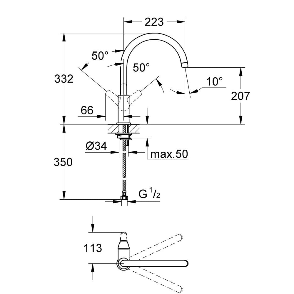 Bản vẽ Vòi Chậu Rửa Bát Nóng Lạnh Đức Grohe 31230001