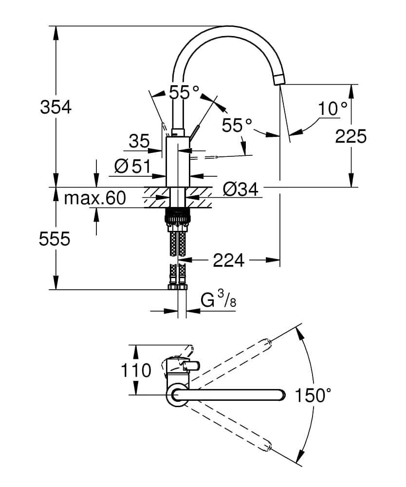 Bản vẽ Vòi Chậu Rửa Bát Nóng Lạnh Đức Grohe 32843002