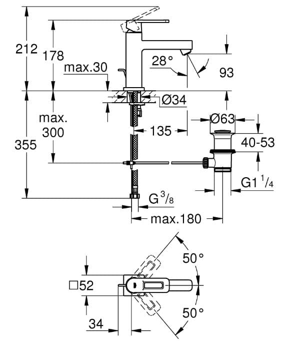 Bản vẽ vòi lavabo nóng lạnh 1 chân Grohe 23441000