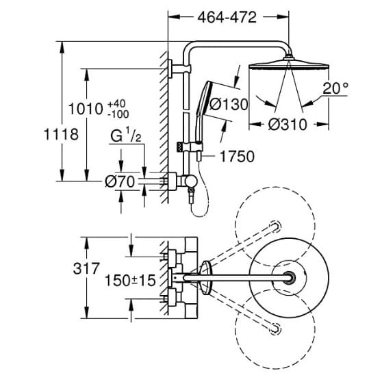 Bản vẽ Sen Cây Đứng Ổn Nhiệt Nhập Khẩu Đức Grohe 26647000