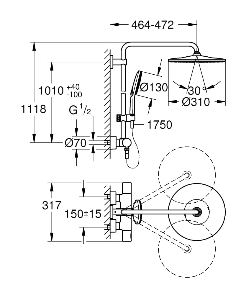 Bản vẽ Sen Cây Đứng Ổn Nhiệt Nhập Khẩu Đức Grohe 26648000