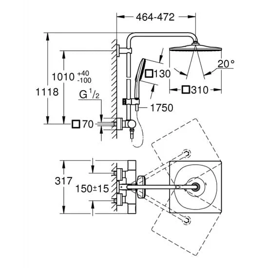 Bản vẽ Sen Cây Đứng Ổn Nhiệt Nhập Khẩu Đức Grohe 26649000