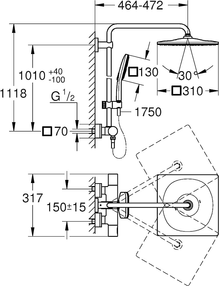 Bản vẽ Sen Cây Đứng Ổn Nhiệt Nhập Khẩu Đức Grohe 26652000