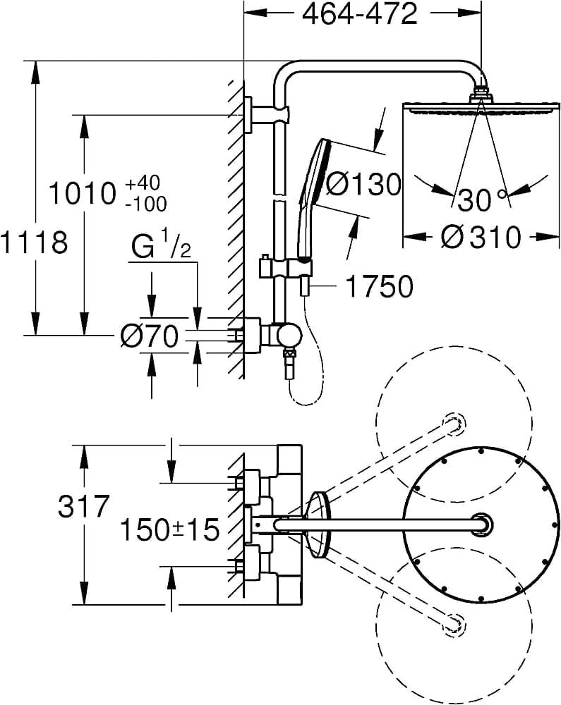Bản vẽ Sen Cây Đứng Ổn Nhiệt Nhập Khẩu Đức Grohe 27966001