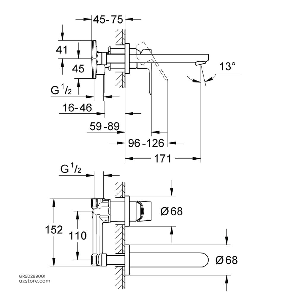 Bản vẽ Vòi Chậu Lavabo Nóng Lạnh Gắn Tường Đức Grohe 20289001