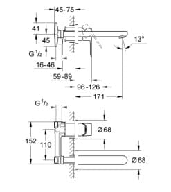 Bản vẽ Vòi Chậu Lavabo Nóng Lạnh Gắn Tường Đức Grohe 20474001
