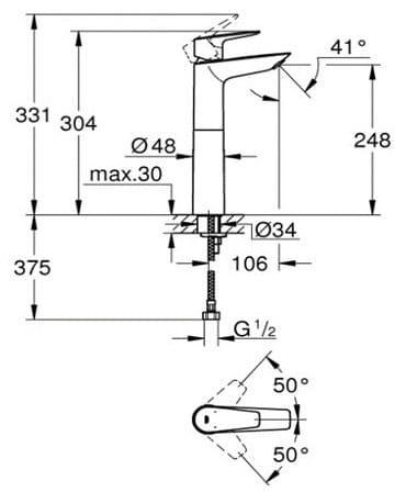 Bản vẽ Vòi Chậu Lavabo Nóng Lạnh 1 Lỗ Đức Grohe 23910001