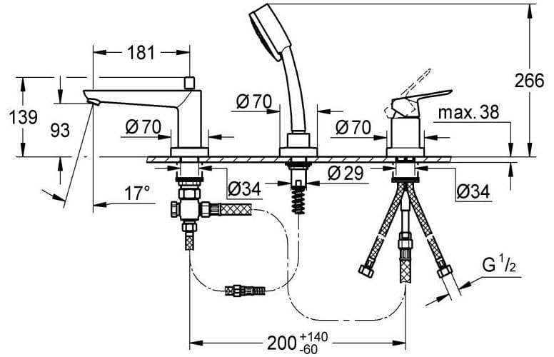 Bản vẽ Vòi Xả Bồn Tắm 3 Lỗ Đức Grohe 2511710A