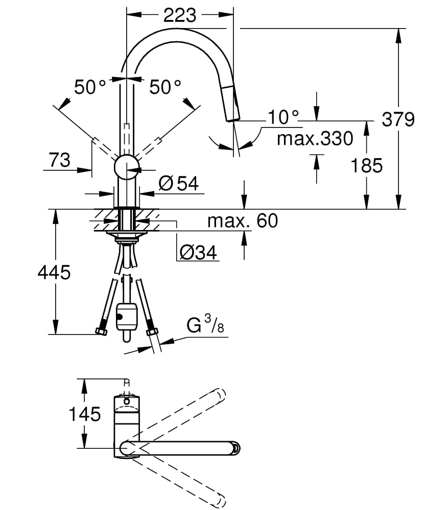 Bản vẽ Vòi Chậu Rửa Bát Nóng Lạnh Dây Rút Đức Grohe 32321002