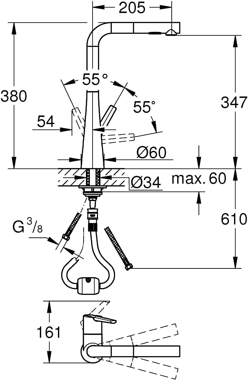 Bản vẽ Vòi Chậu Rửa Bát Nóng Lạnh Dây Rút Đức Grohe 32553002
