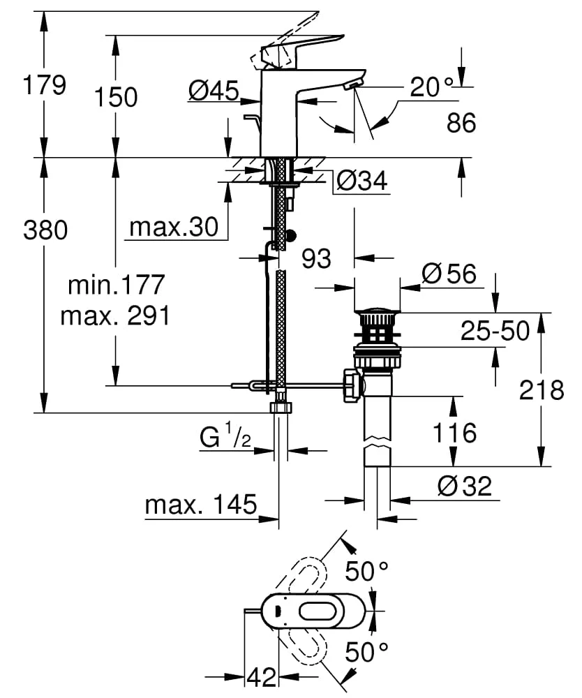 Bản vẽ Vòi Chậu Lavabo Nóng Lạnh 1 Lỗ Đức Grohe 32814001