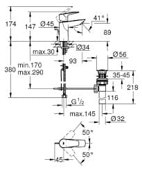 Bản vẽ Vòi Chậu Lavabo Nóng Lạnh 1 Lỗ Đức Grohe 32819001