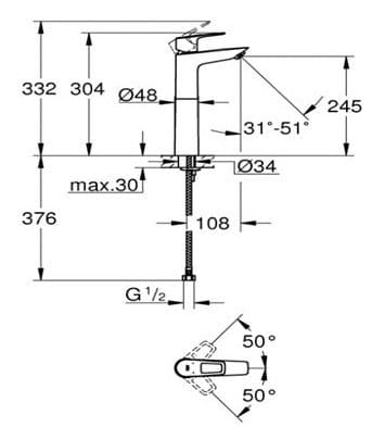 Bản vẽ Vòi Chậu Lavabo Nóng Lạnh 1 Lỗ Đức Grohe 32856001
