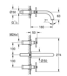 Bản vẽ Vòi Chậu Lavabo Nóng Lạnh Gắn Tường Đức Grohe 20164GL3