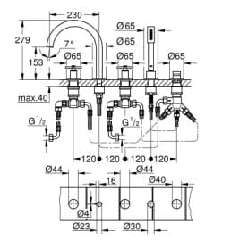 Bản vẽ Vòi Xả Bồn Tắm 4 Lỗ Gắn Bồn Đức Grohe 19923GL3