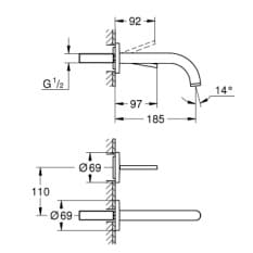 Bản vẽ Vòi Chậu Lavabo Nóng Lạnh Gắn Tường Đức Grohe 19287AL3