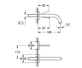 Bản vẽ Vòi Chậu Lavabo Nóng Lạnh Gắn Tường Đức Grohe 19287DA3