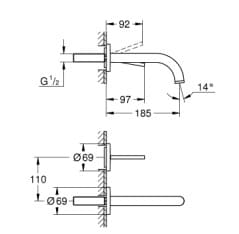 Bản vẽ Vòi Chậu Lavabo Nóng Lạnh Gắn Tường Đức Grohe 19287DC3