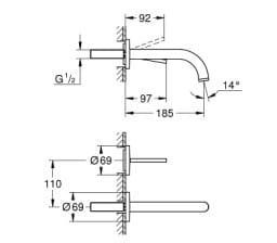 Bản vẽ Vòi Chậu Lavabo Nóng Lạnh Gắn Tường Đức Grohe 19287GL3