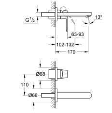 Bản vẽ Vòi Chậu Lavabo Nóng Lạnh Gắn Tường Đức Grohe 19381GLC