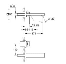 Bản vẽ Vòi Chậu Lavabo Nóng Lạnh Gắn Tường Đức Grohe 19895ALC