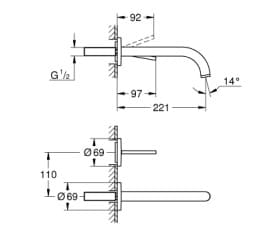Bản vẽ Vòi Chậu Lavabo Nóng Lạnh Gắn Tường Đức Grohe 19918AL3