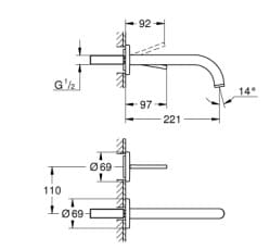 Bản vẽ Vòi Chậu Lavabo Nóng Lạnh Gắn Tường Đức Grohe 19918DA3
