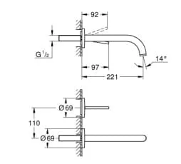 Bản vẽ Vòi Chậu Lavabo Nóng Lạnh Gắn Tường Đức Grohe 19918DC3