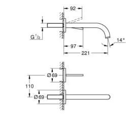 Bản vẽ Vòi Chậu Lavabo Nóng Lạnh Gắn Tường Đức Grohe 19918GL3