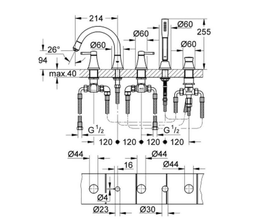 Bản vẽ Vòi Sen Bồn Tắm Gắn Bồn Đức Grohe 1991900A