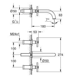 Bản vẽ Vòi Chậu Lavabo Nóng Lạnh Gắn Tường Đức Grohe 20164DC3