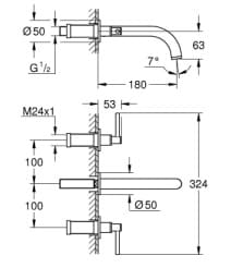 Bản vẽ Vòi Chậu Lavabo Nóng Lạnh Gắn Tường Đức Grohe 20169DA3