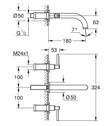 Bản vẽ Vòi Chậu Lavabo Nóng Lạnh Gắn Tường Đức Grohe 20169DC3